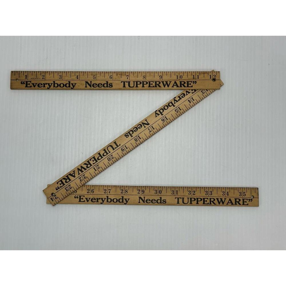 VINTAGE EVERYBODY NEEDS TUPPERWARE ADVERTISING WOODEN FOLDING YARDSTICK RULER